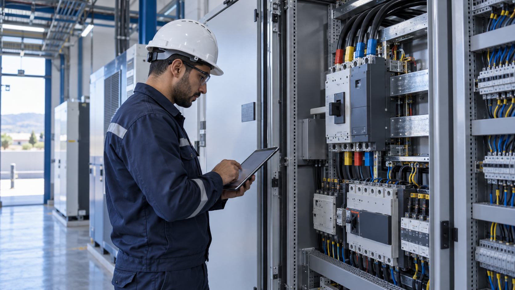 Illustration d’un ingénieur inspectant une armoire électrique dans un site industriel